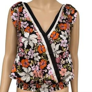 nwt JOIE size Small Sleeveless Floral Satin V Neck Tie Shoulder Smocked Hem